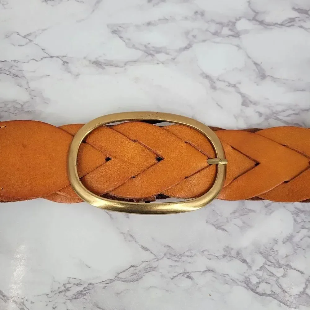 Miss Me Braided Woven Orangey Tan Leather Belt with Large Gold Toned Oval Buckle